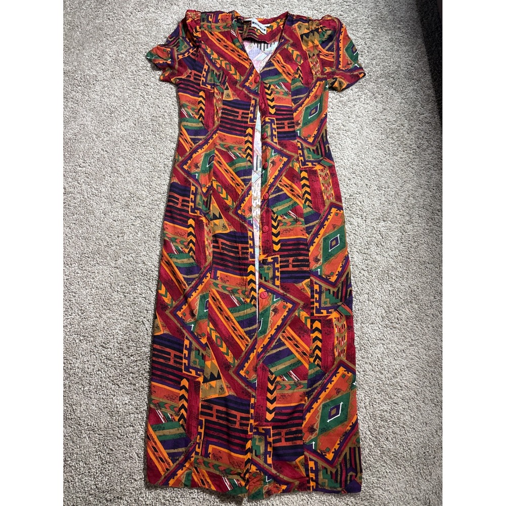 Joni Blair Vintage Geometric Print Maxi Dress Short Sleeve Lace Up Back Multi 3